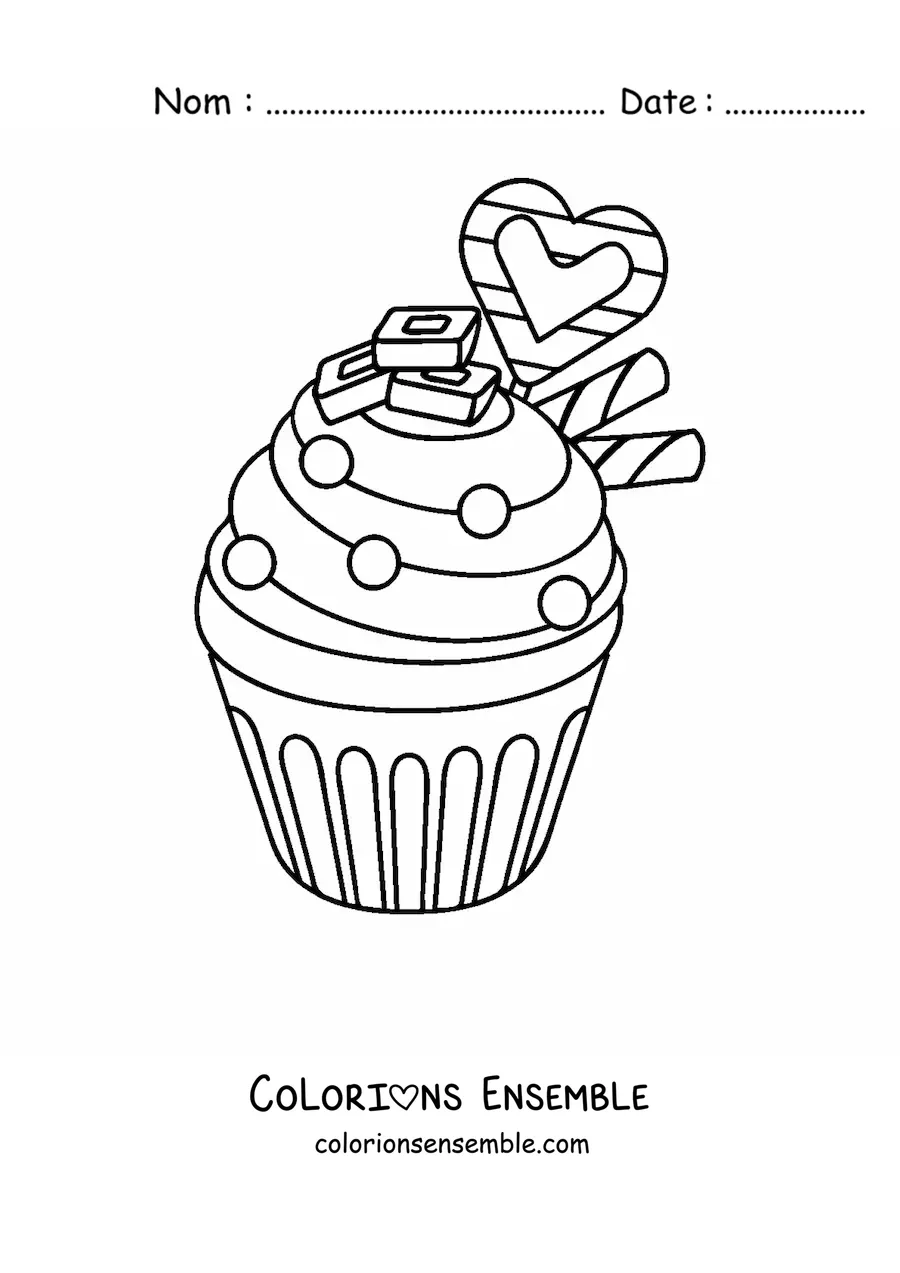 Image à colorier d'un cupcake avec un cœur et deux gaufrettes