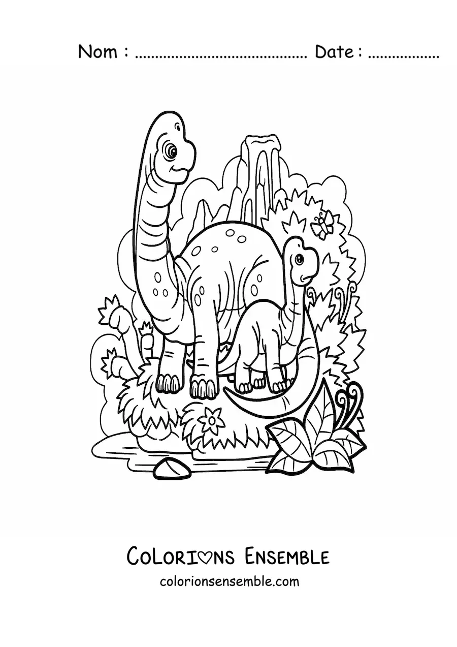 Image à colorier d’un bébé dinosaure au long cou avec sa maman