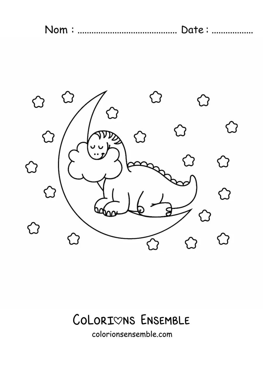 Image à colorier d’un bébé dinosaure au long cou kawaii qui dort