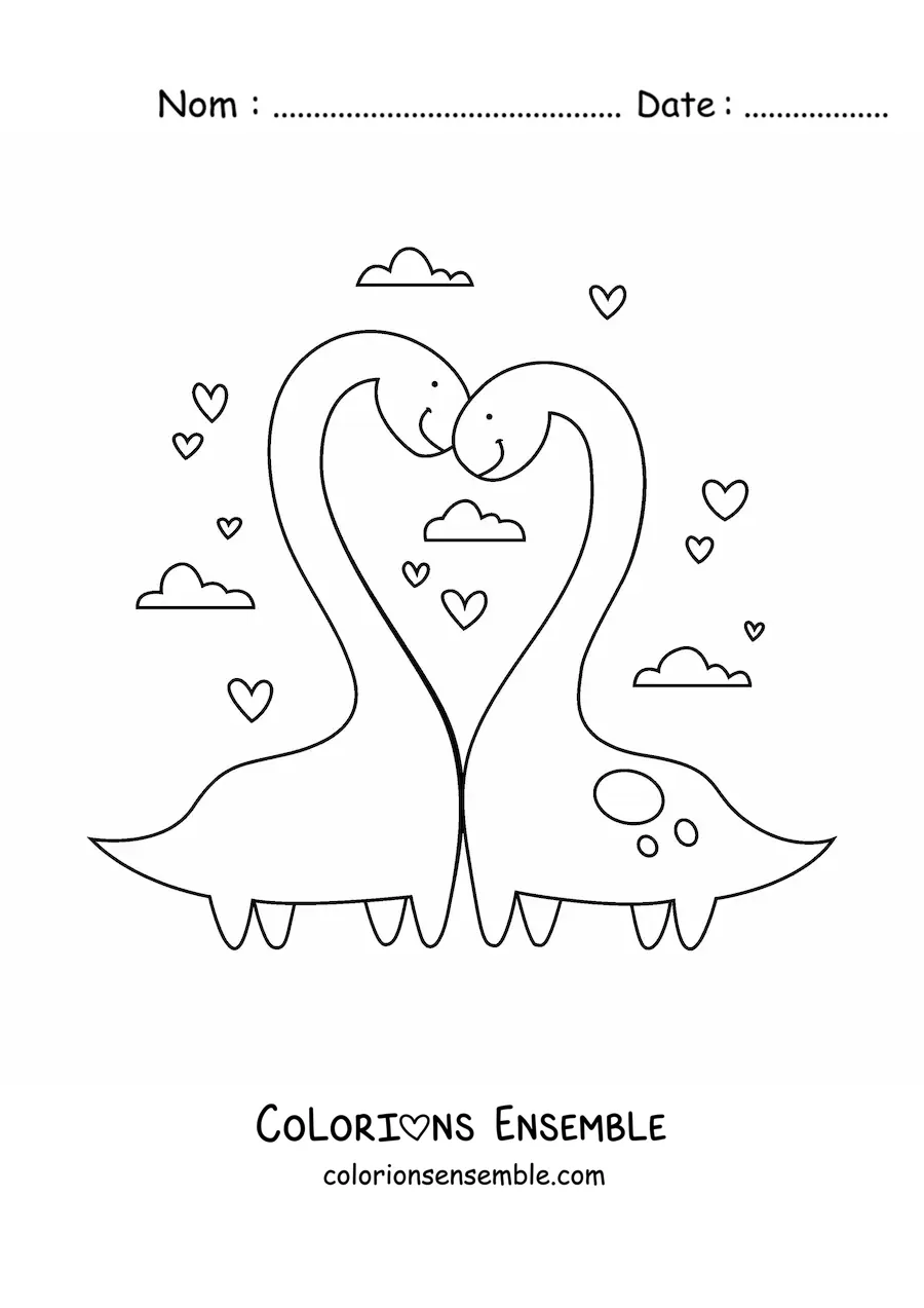 Image à colorier de mignons dinosaures au long cou amoureux