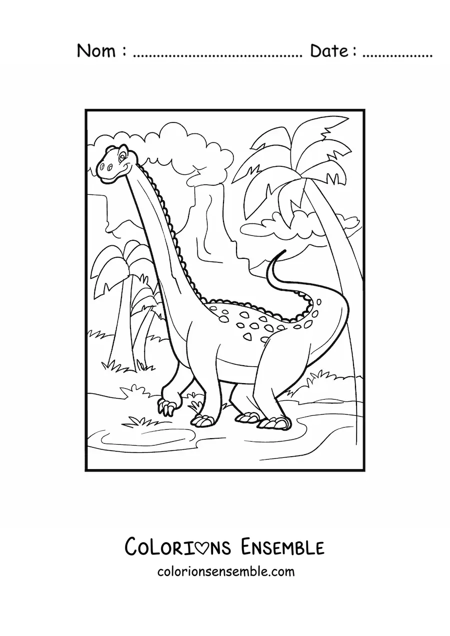 Image à colorier d’un dinosaure brontosaure dans son habitat