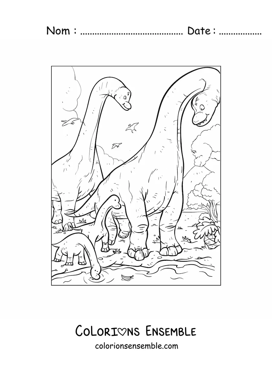 Image à colorier de dinosaures au long cou avec leurs bébés dans leur habitat