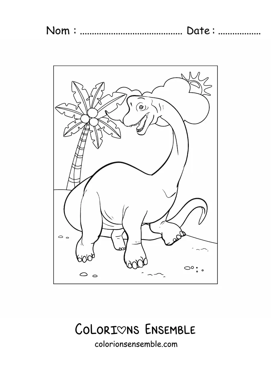 Image à colorier d’un dinosaure herbivore au long cou en dessin animé qui marche