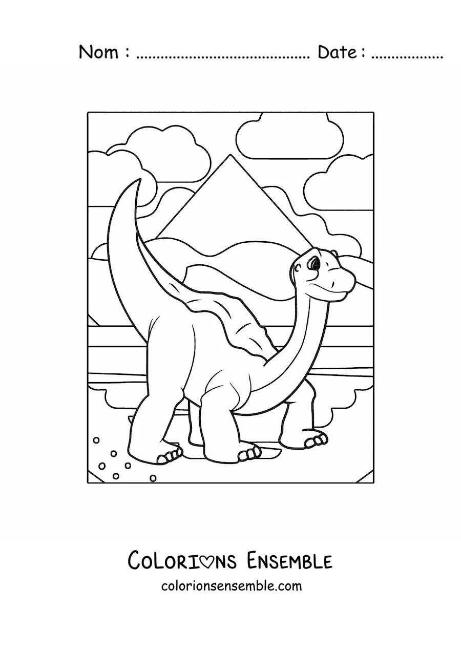 Image à colorier d’un mignon dinosaure au long cou dans son habitat