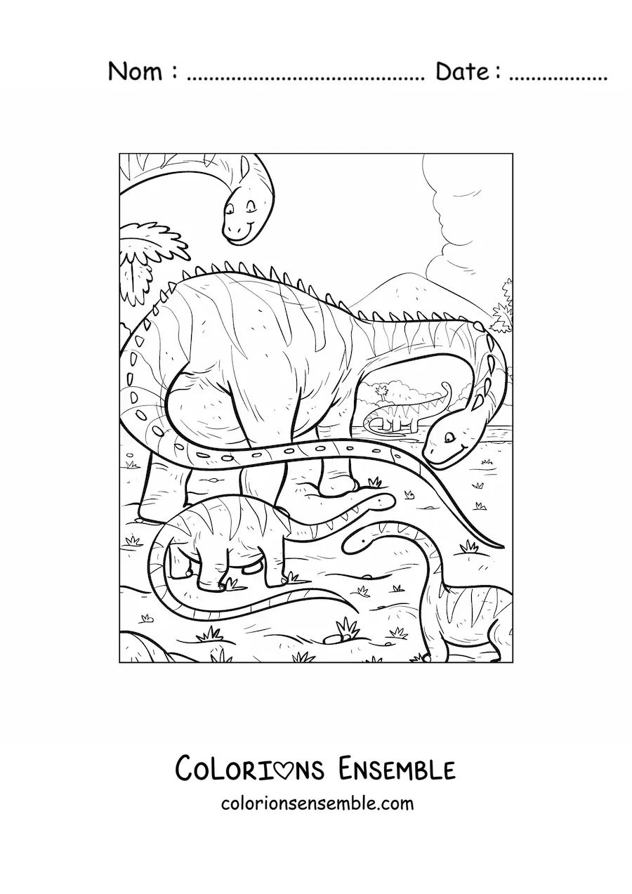 Image à colorier d’un dinosaure Diplodocus au long cou et à la longue queue avec ses bébés