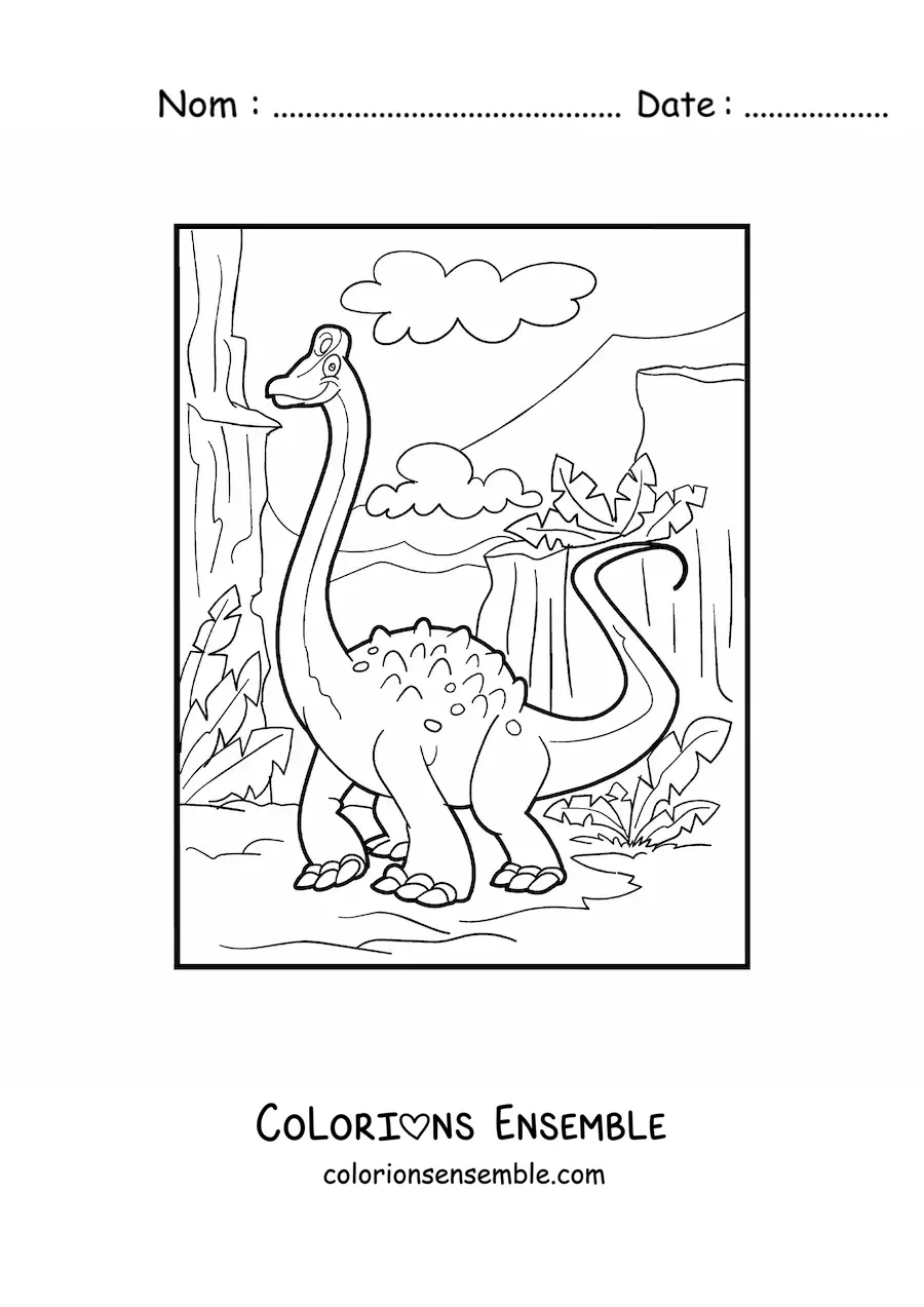 Image à colorier d’un dinosaure au long cou dans son habitat