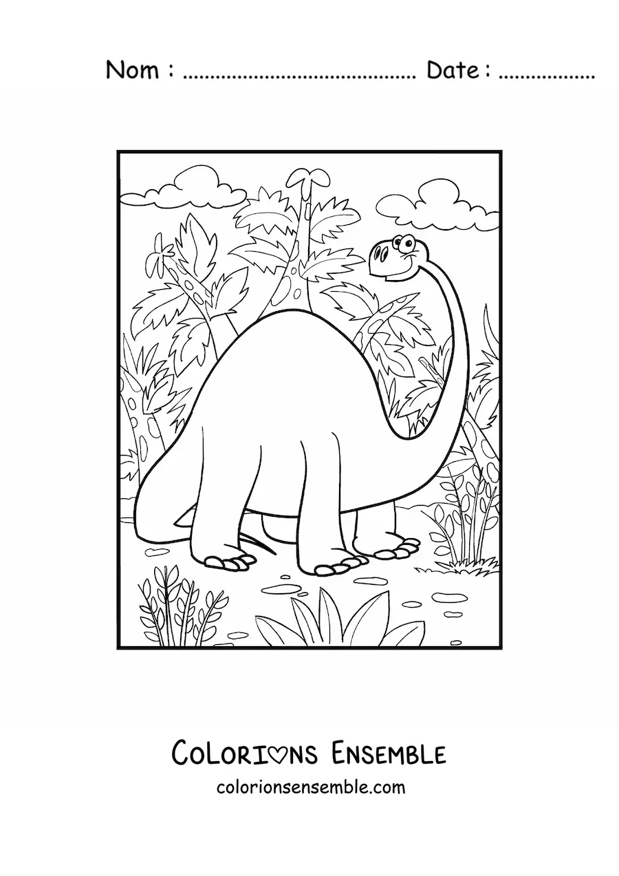 Image à colorier d’un dinosaure au long cou géant dans son habitat