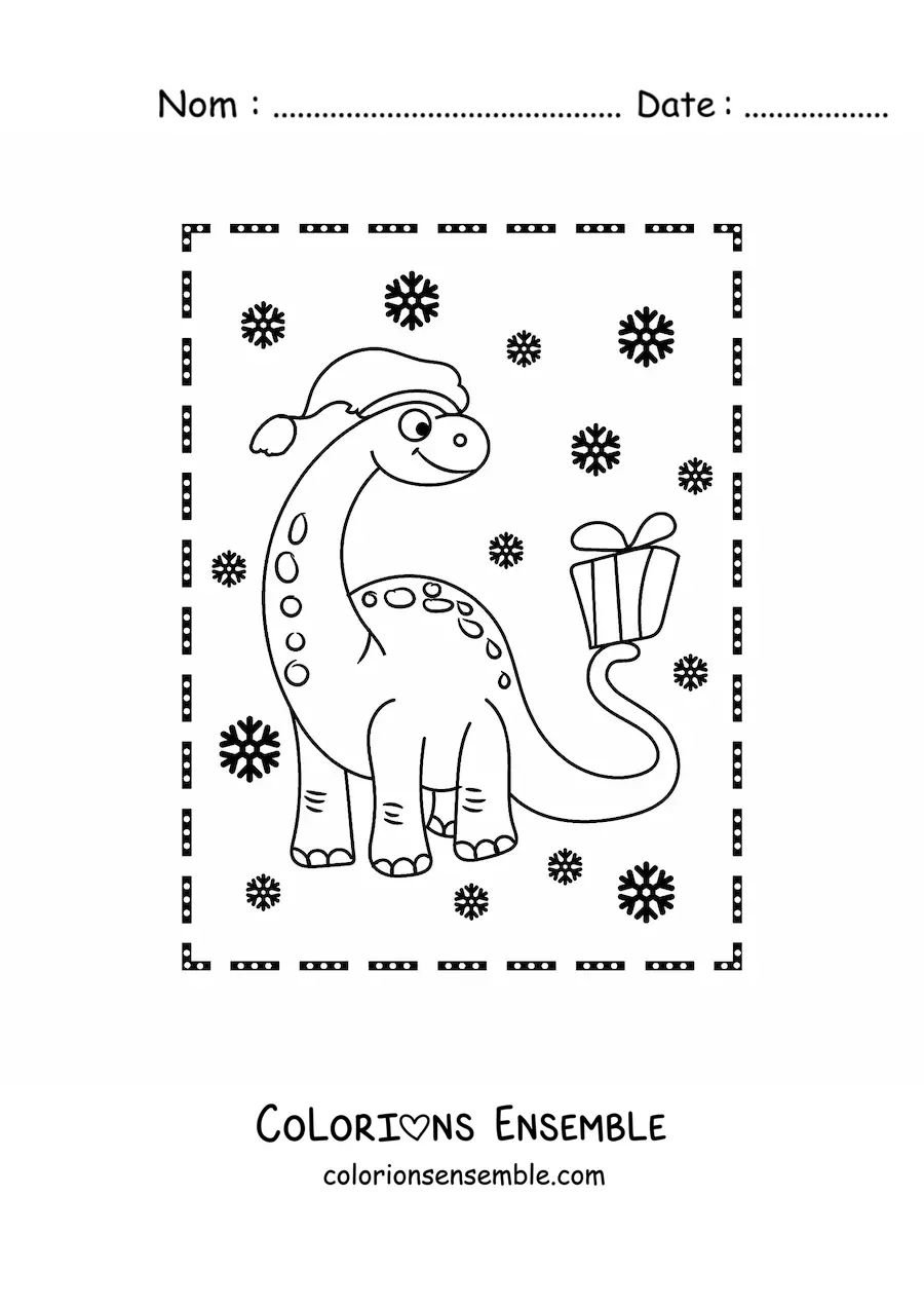 Image à colorier d’un dinosaure au long cou en dessin animé avec un cadeau de Noël