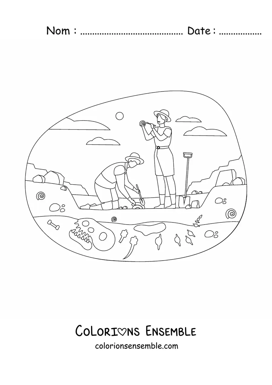 Image à colorier de paléontologues qui fouillent des fossiles de dinosaures