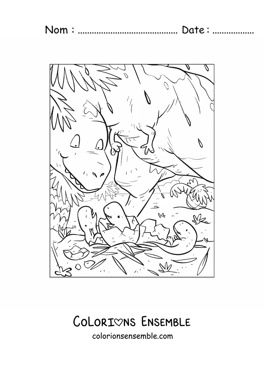Image à colorier d’une maman dinosaure avec ses bébés nouveau-nés