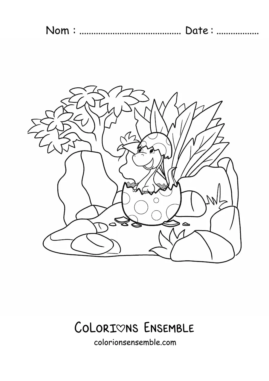 Image à colorier d’un dinosaure qui sort de l’œuf
