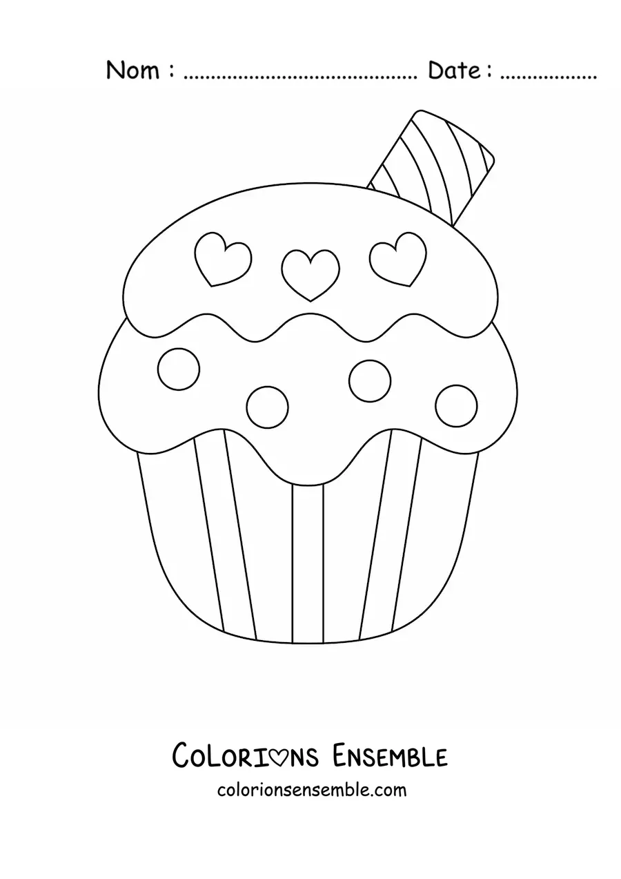 Image à colorier d'un cupcake avec des cœurs dans le glaçage et une gaufrette