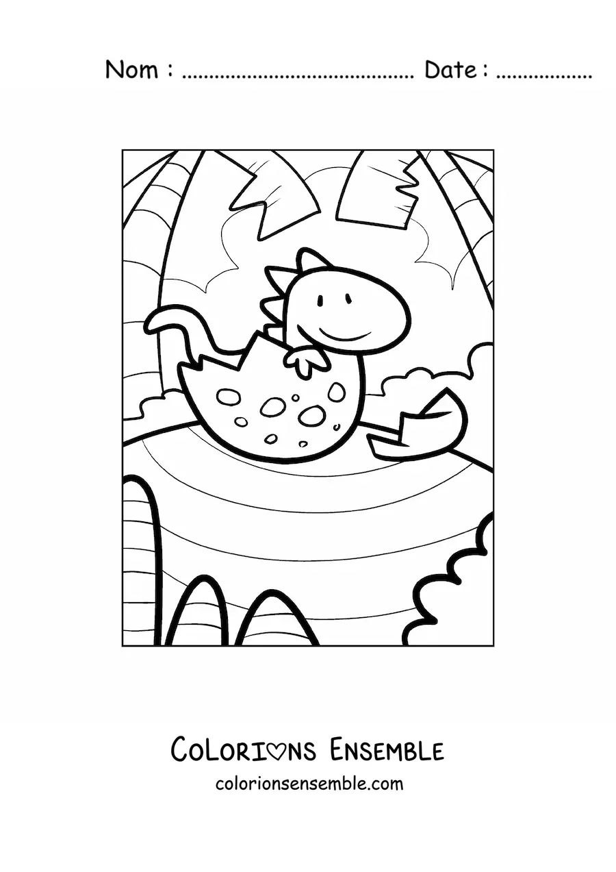Image à colorier d’un dinosaure en dessin animé qui sort de l’œuf