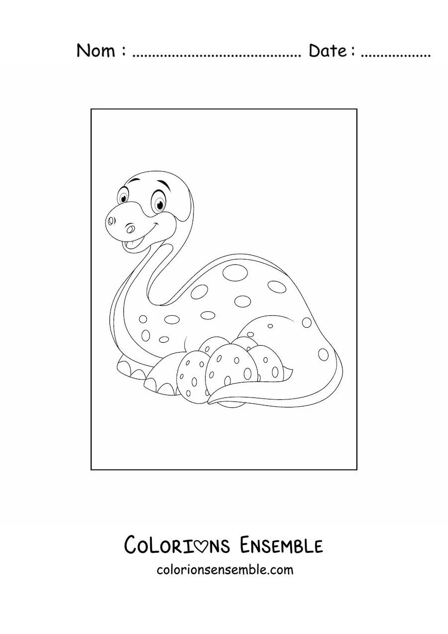 Image à colorier d’une maman dinosaure avec ses œufs