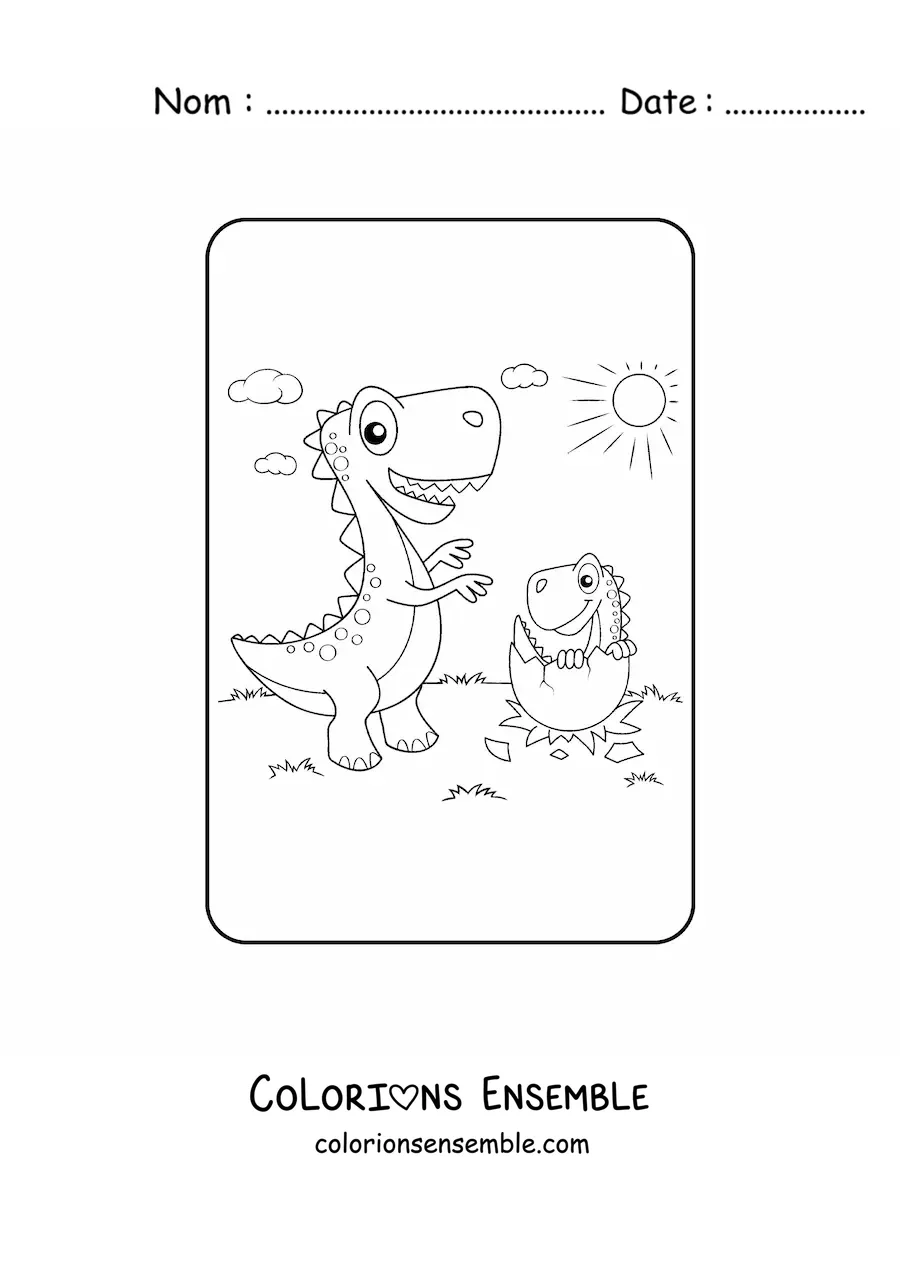 Image à colorier d’un tyrannosaure en dessin animé avec son bébé qui sort de l’œuf