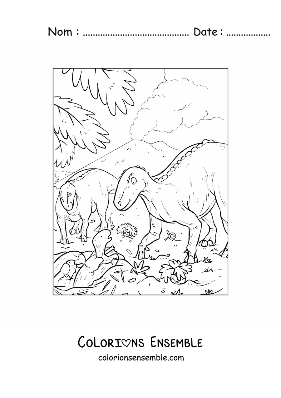 Image à colorier de bébés dinosaures nouveau-nés avec leur maman