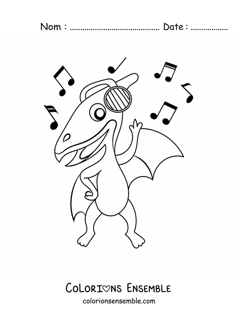 Image à colorier d’un dinosaure volant rigolo qui danse