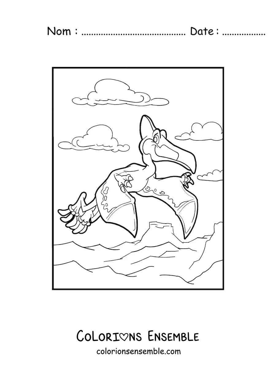 Image à colorier d’un dinosaure volant en plein vol