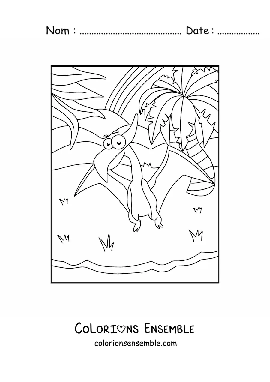 Image à colorier facile d’un dinosaure volant rigolo