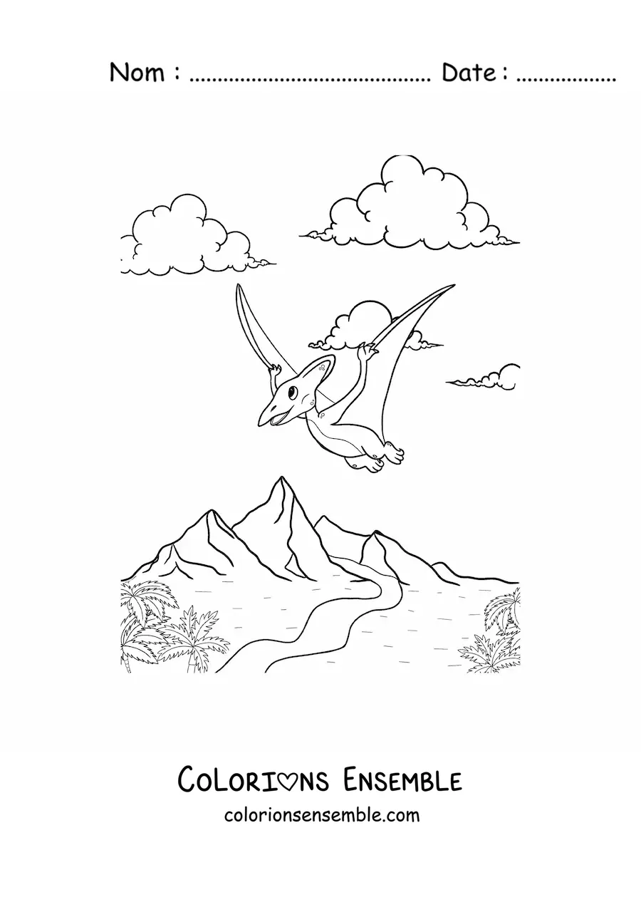 Image à colorier d’un dinosaure volant rigolo en plein vol