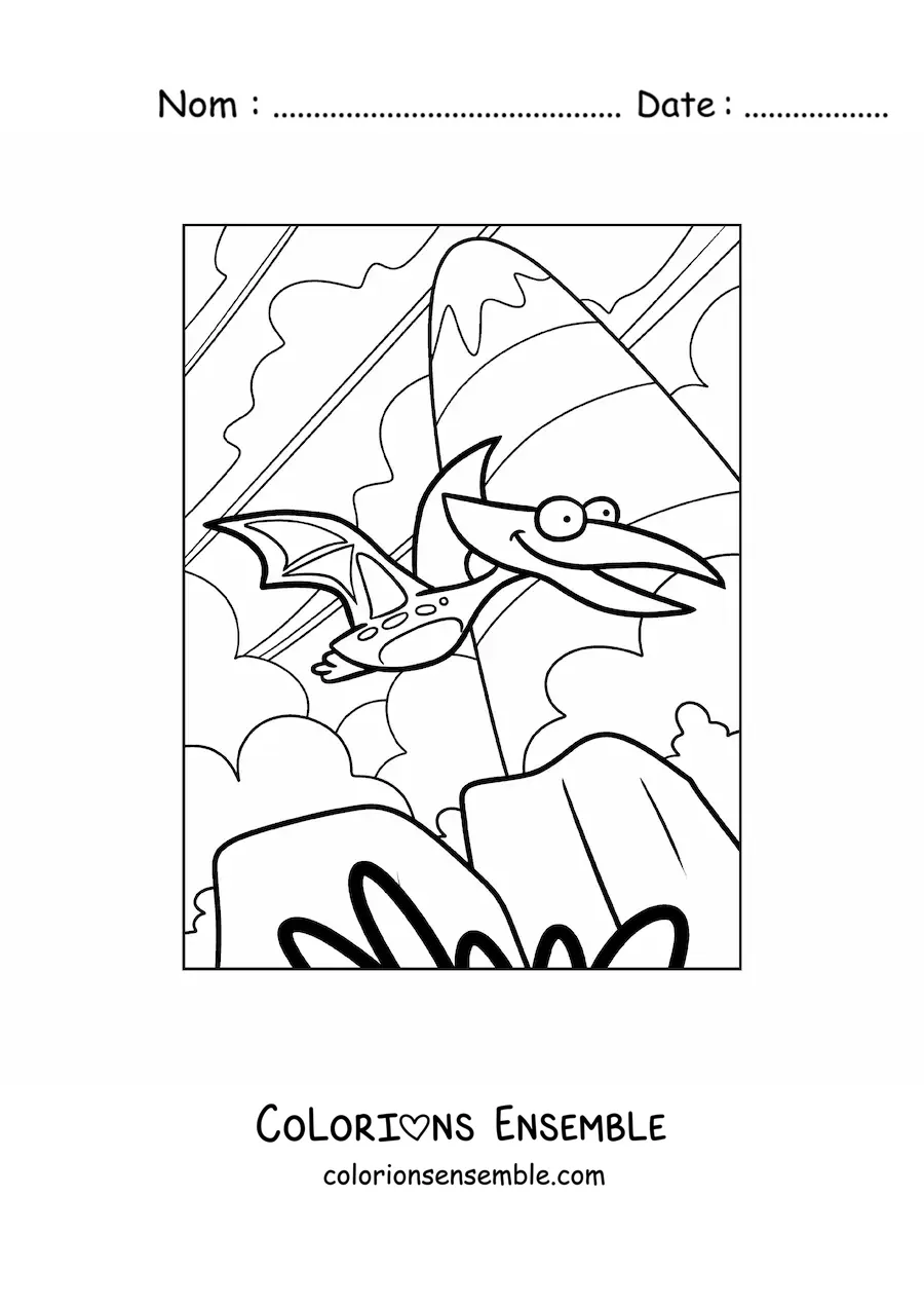 Image à colorier façon dessin animé d’un dinosaure volant