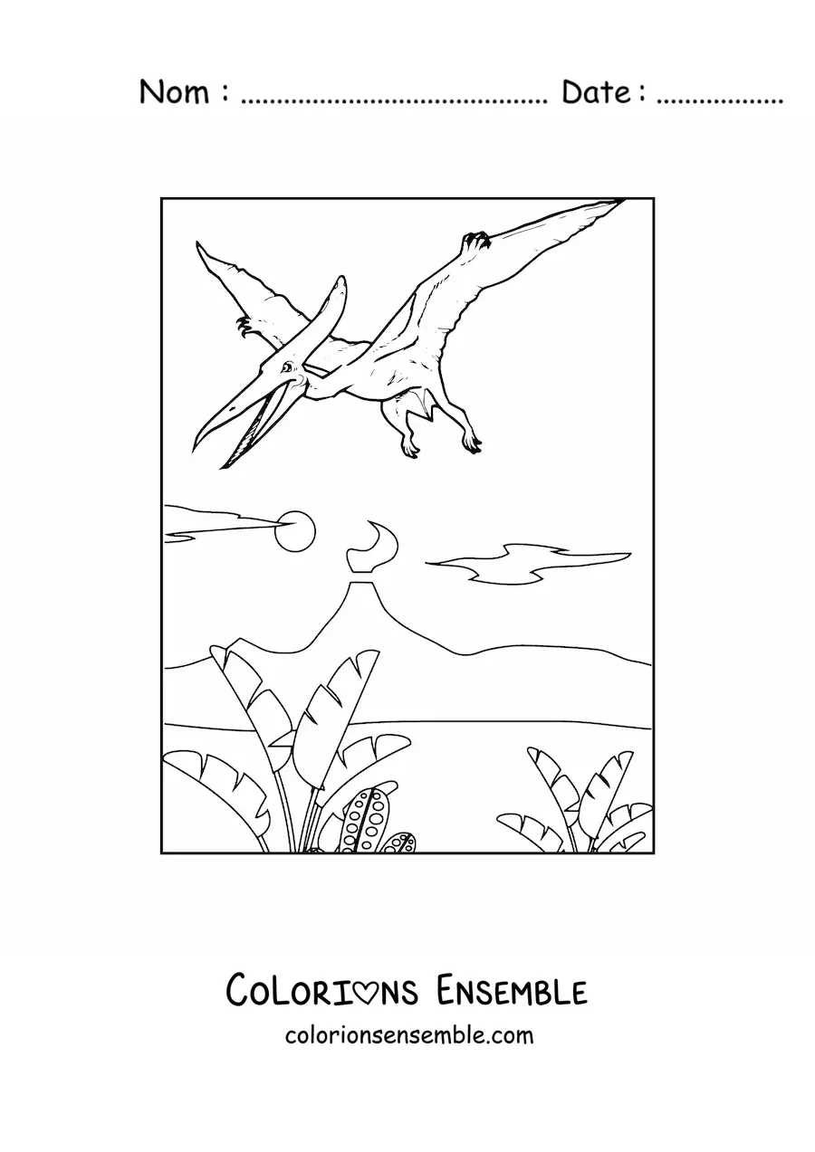 Image à colorier d’un dinosaure volant qui vole dans son habitat