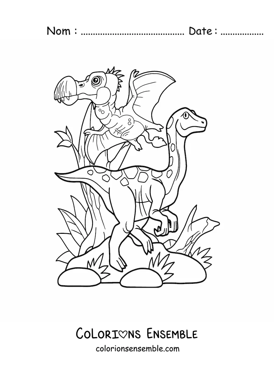 Image à colorier d’un dinosaure volant avec un dinosaure terrestre