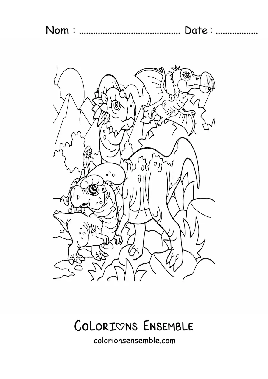 Image à colorier d’un dinosaure volant et de dinosaures terrestres