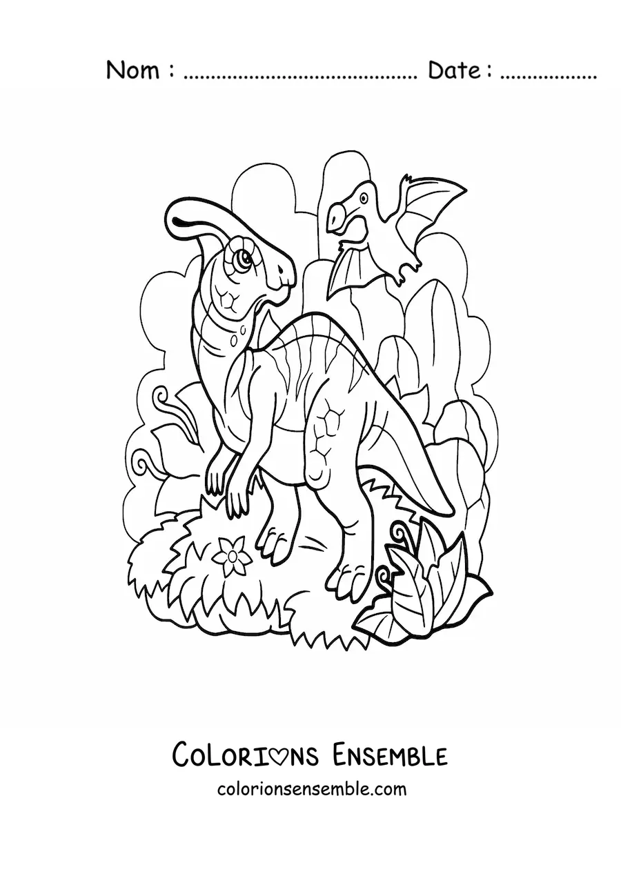 Image à colorier d’un dinosaure volant carnivore et d’un dinosaure terrestre herbivore