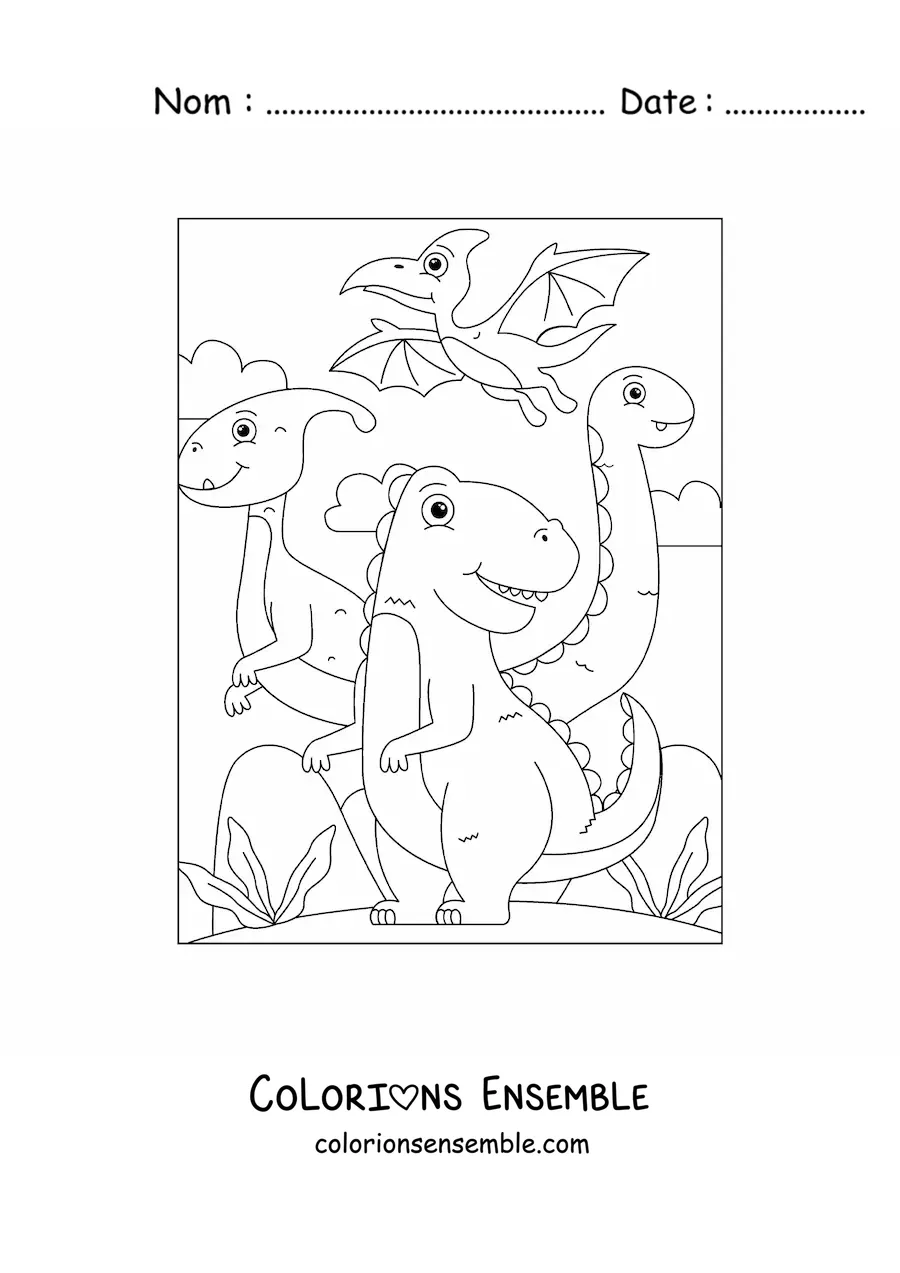 Image à colorier de dinosaures terrestres et d’un ptérodactyle en plein vol