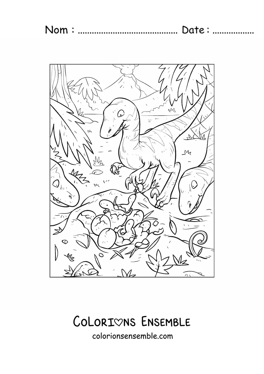 Image à colorier d’un bébé vélociraptor avec sa maman