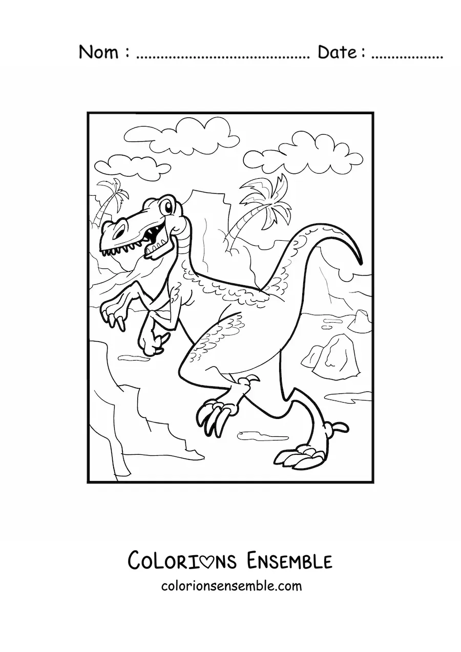Image à colorier d’un vélociraptor rigolo dans son habitat