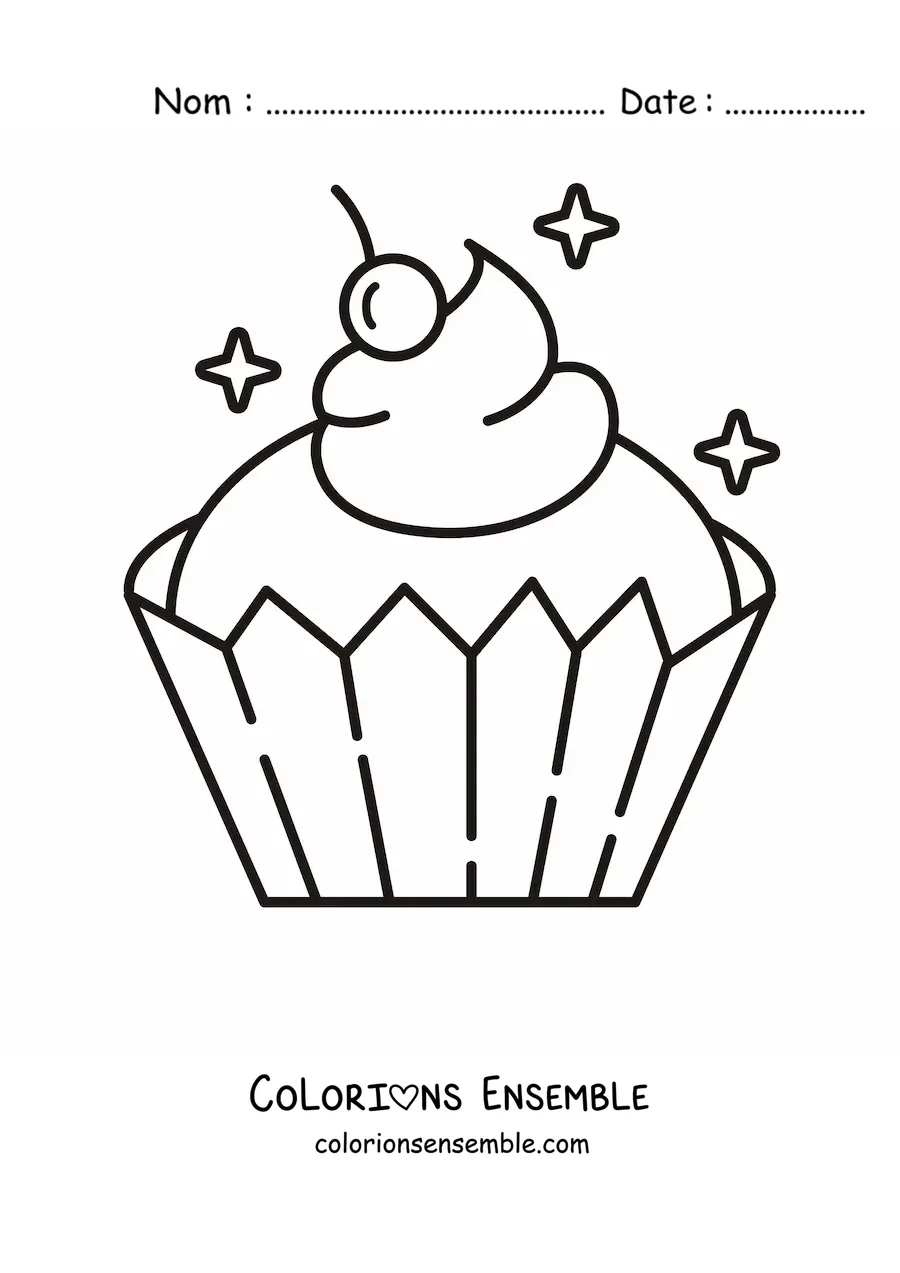 Image à colorier d'un cupcake avec une cerise sur le glaçage et des brillances