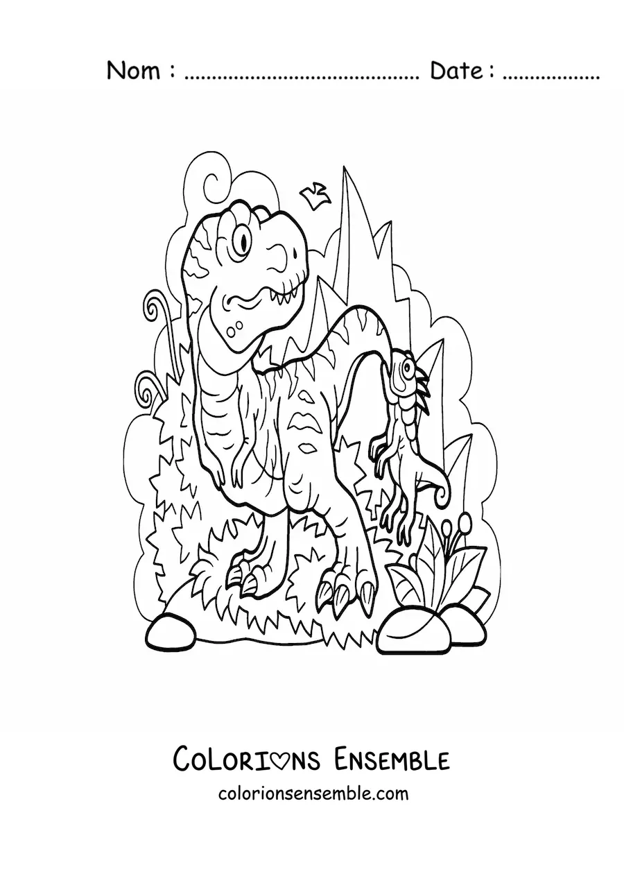 Image à colorier d’un tyrannosaure rex carnivore dans son habitat