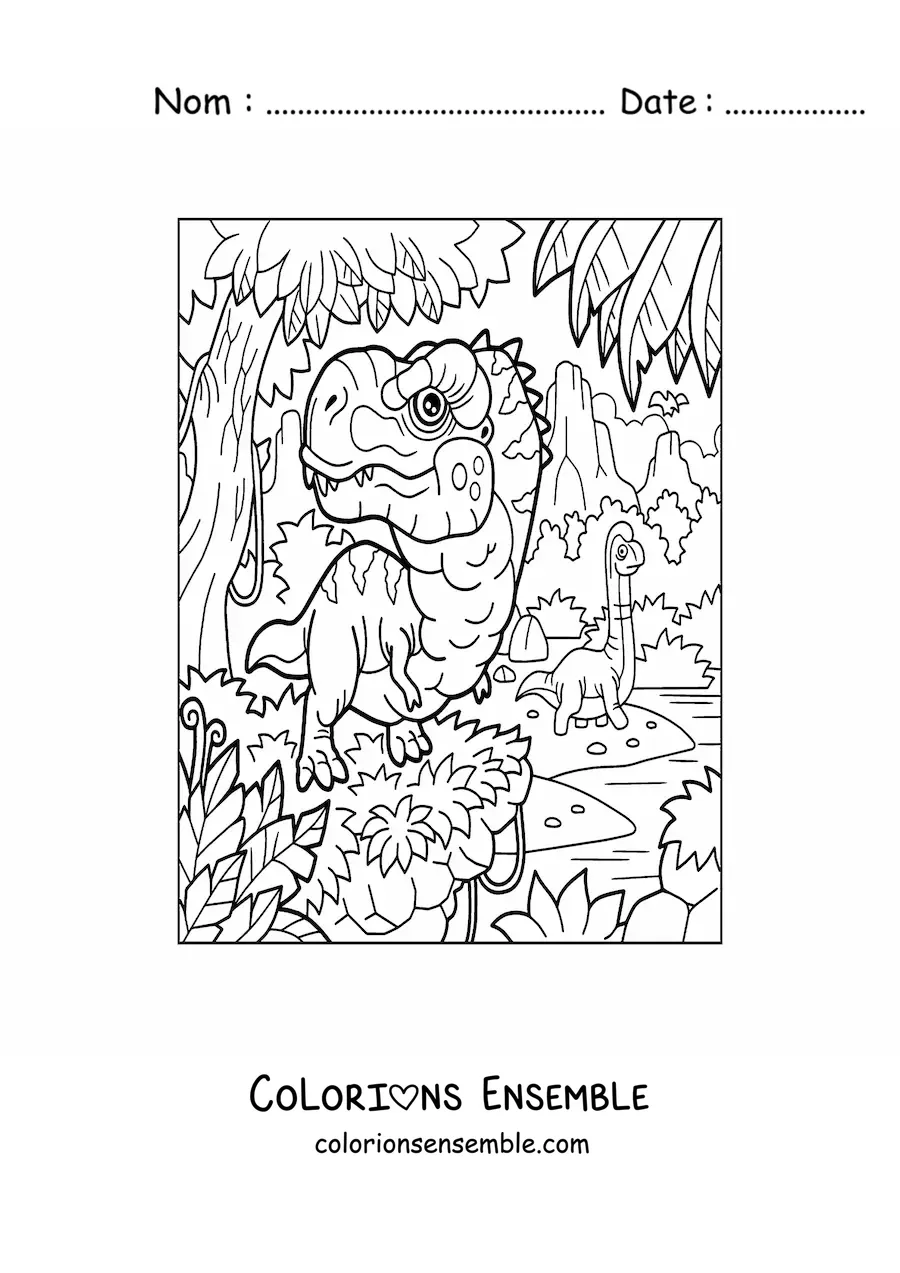 Image à colorier d’un bébé dinosaure carnivore et d’un herbivore