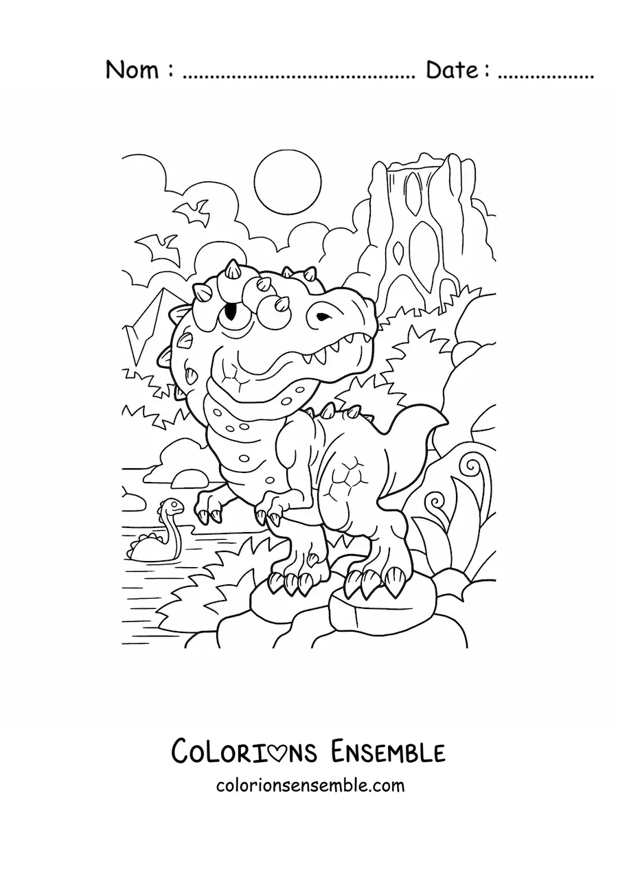 Image à colorier d’un bébé dinosaure carnivore dans son habitat