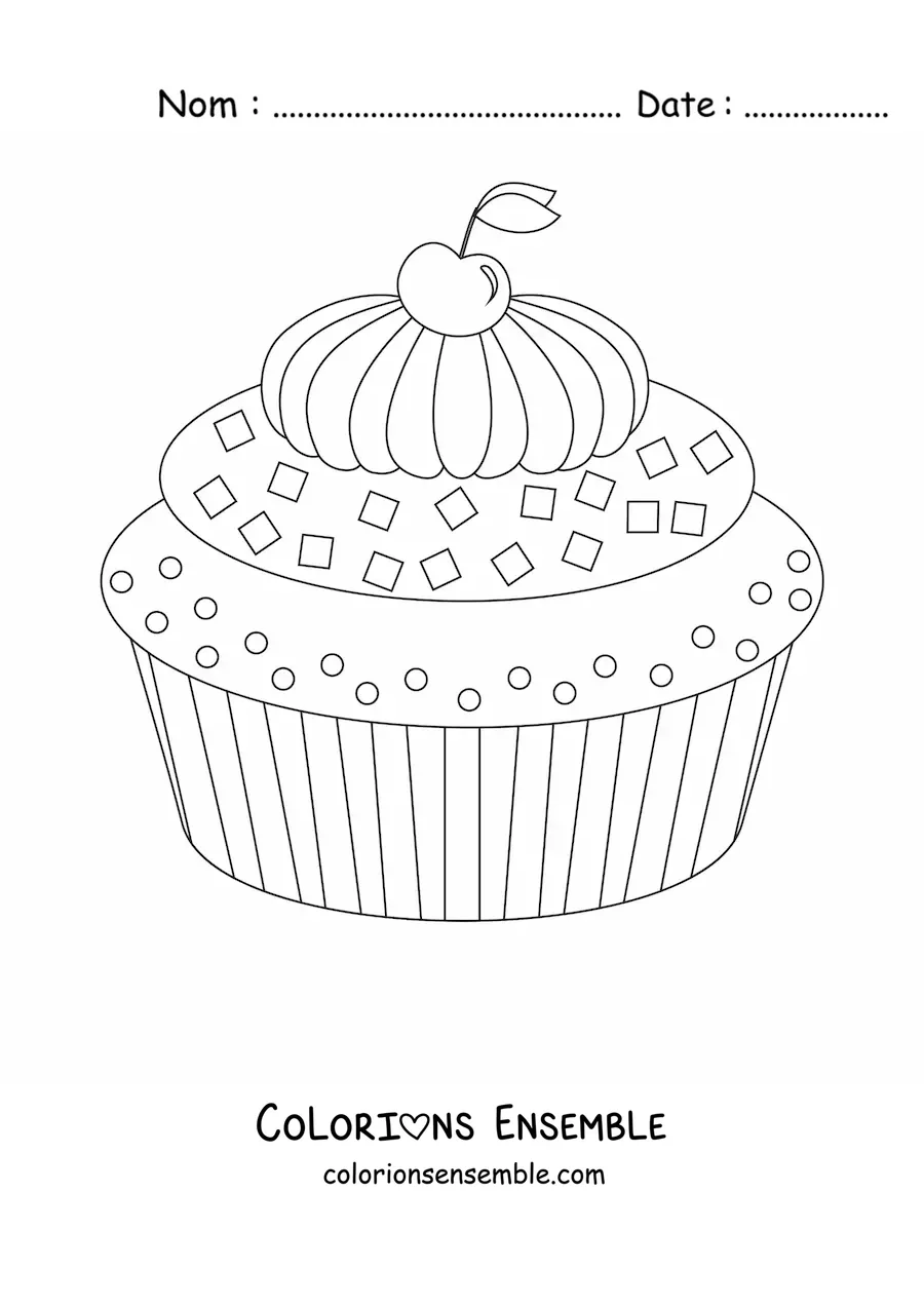 Image à colorier d'un cupcake avec du glaçage et une cerise dessus