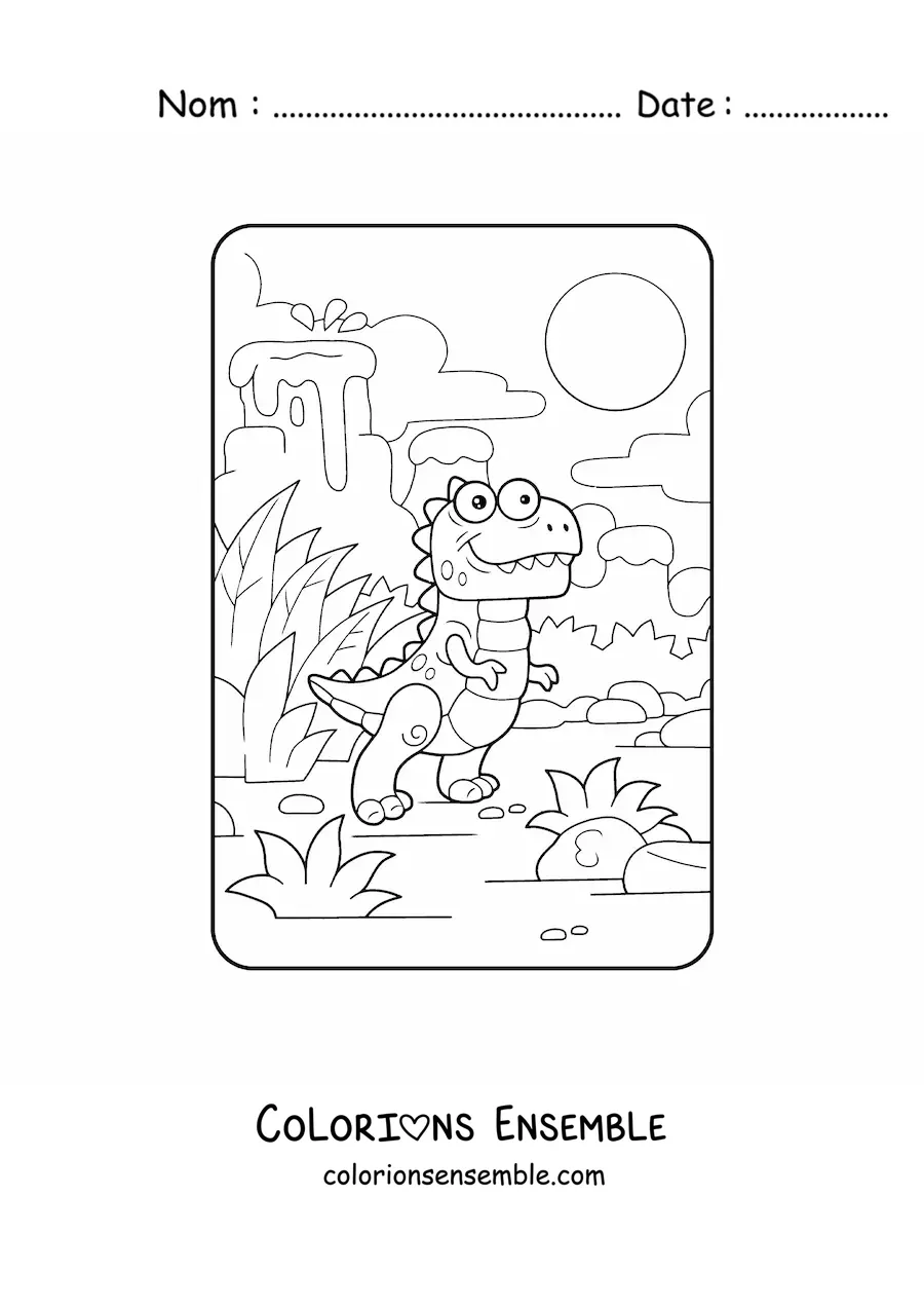 Image à colorier d’un bébé dinosaure carnivore rigolo