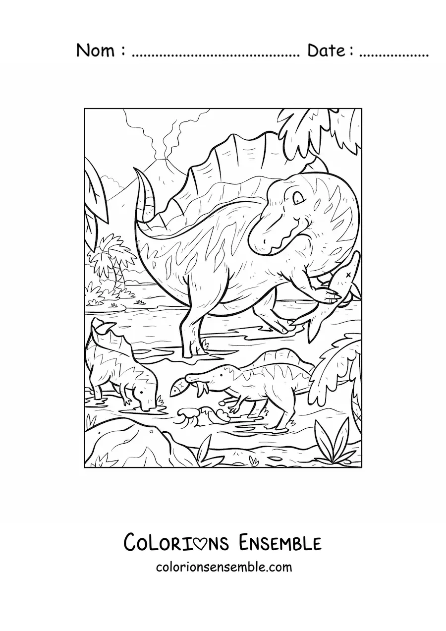 Image à colorier d’un spinosaure carnivore dans son habitat avec ses bébés