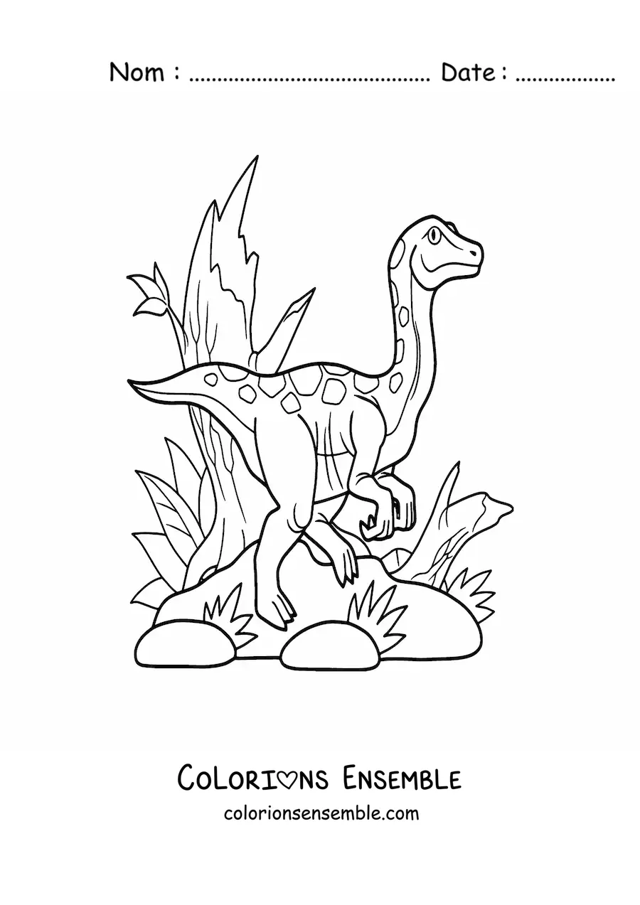 Image à colorier d’un compsognathus carnivore dans son habitat