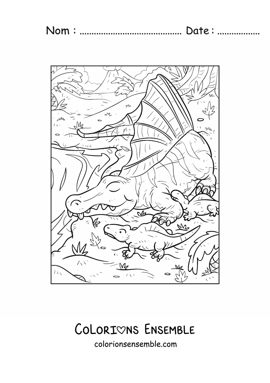 Image à colorier d’un arizonasaurus carnivore dans son habitat avec ses bébés