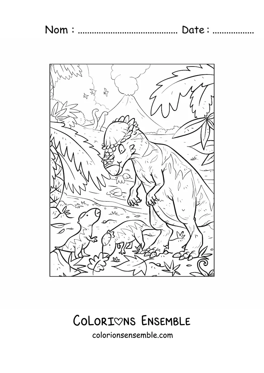Image à colorier d’un pachycéphalosaure omnivore avec ses bébés