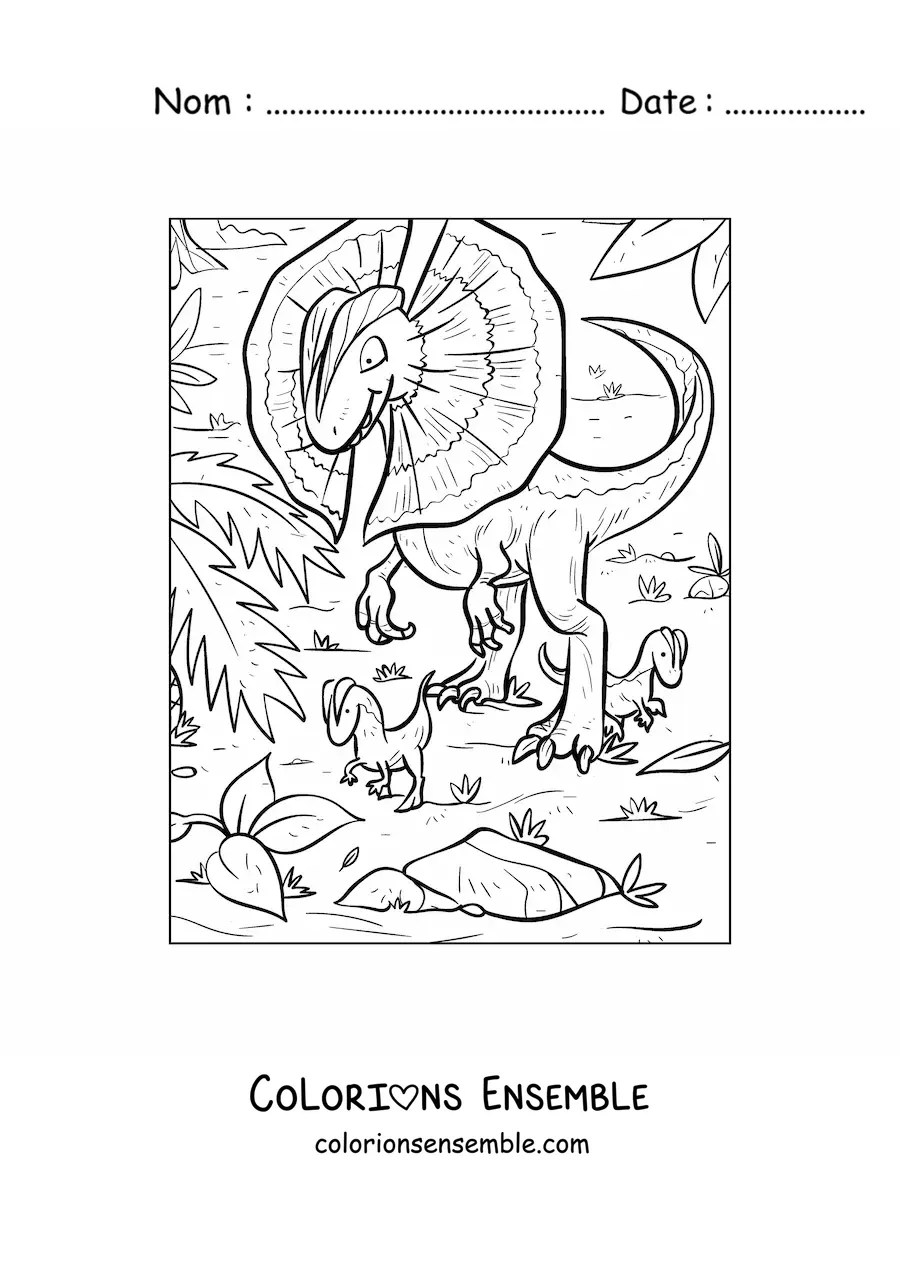 Image à colorier d’un dilophosaure carnivore dans son habitat avec ses bébés