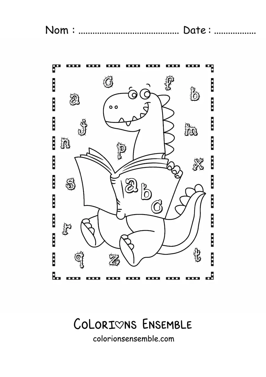 Image à colorier d’un dinosaure carnivore rigolo en train de lire un livre