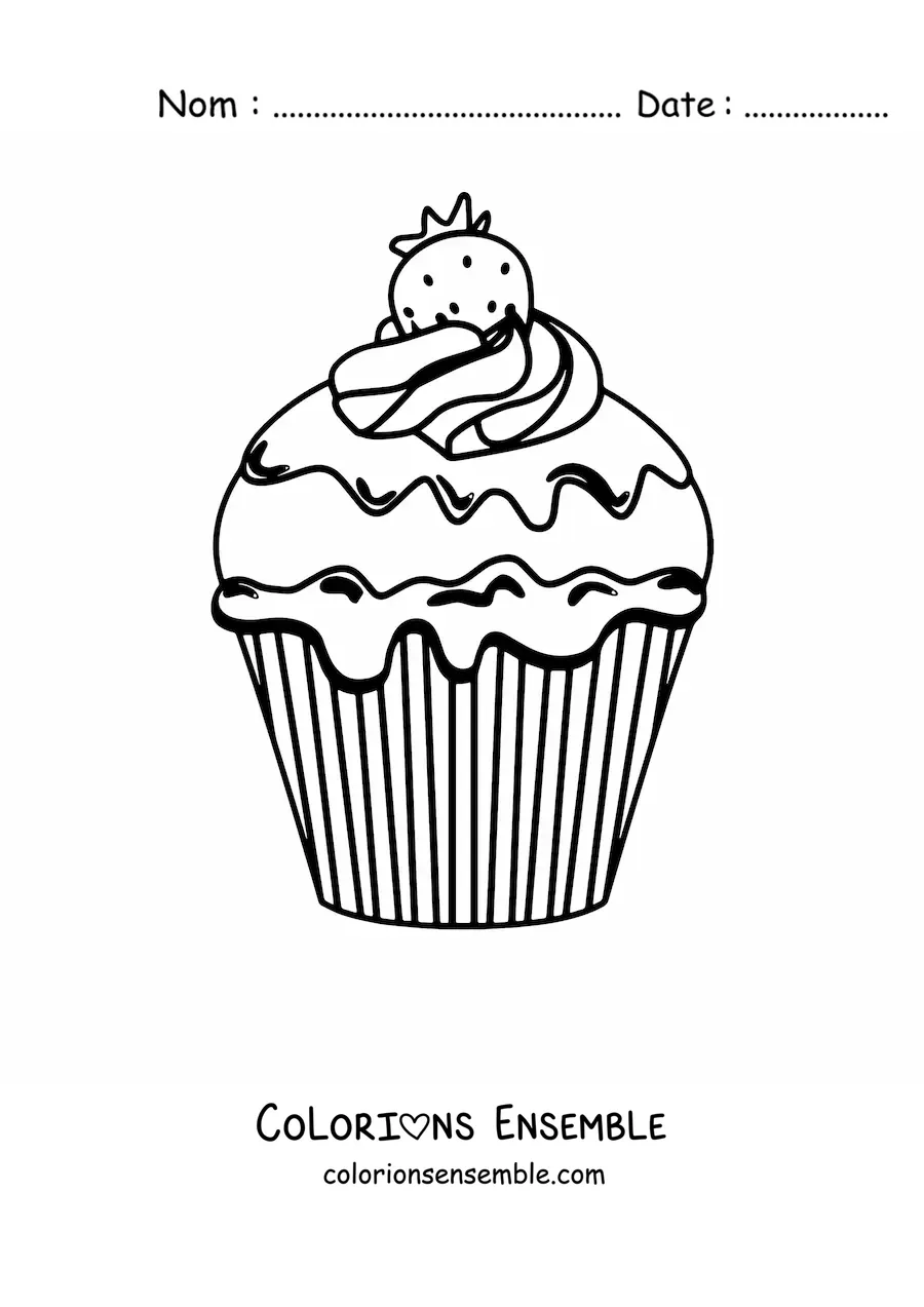 Image à colorier d'un cupcake avec du glaçage et une fraise dessus