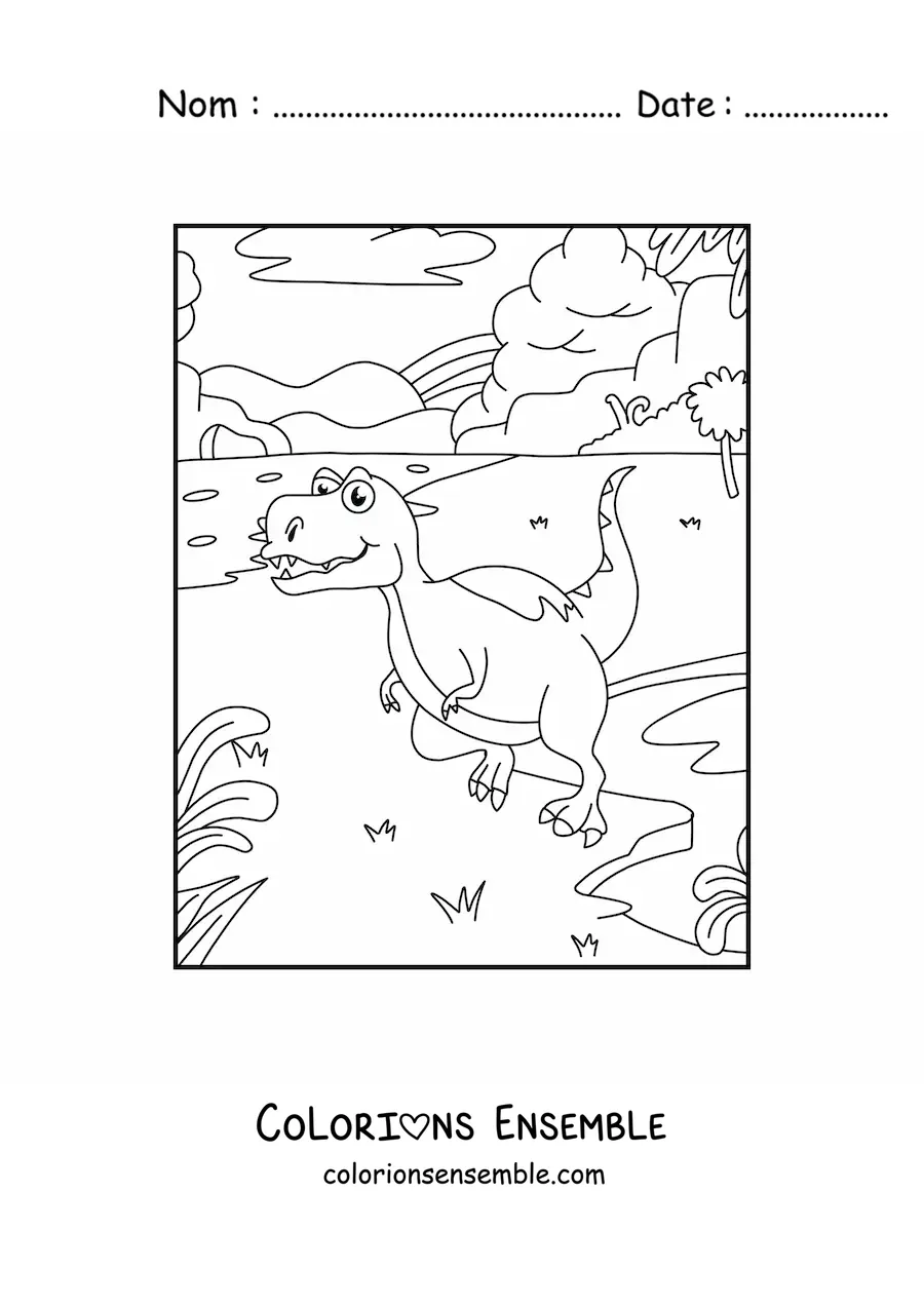 Image à colorier d’un dinosaure carnivore rigolo devant un volcan