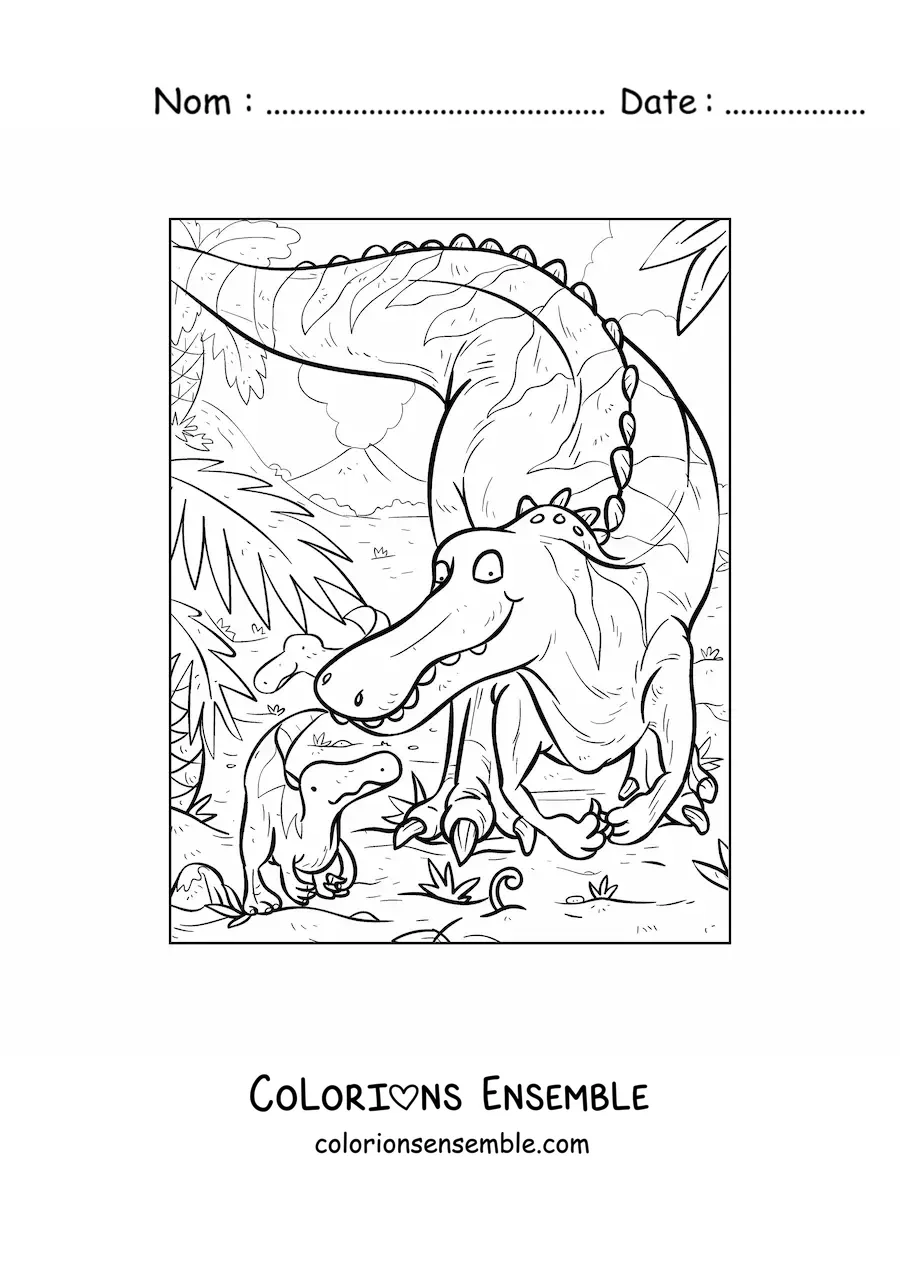 Image à colorier d’un dinosaure carnivore avec son petit