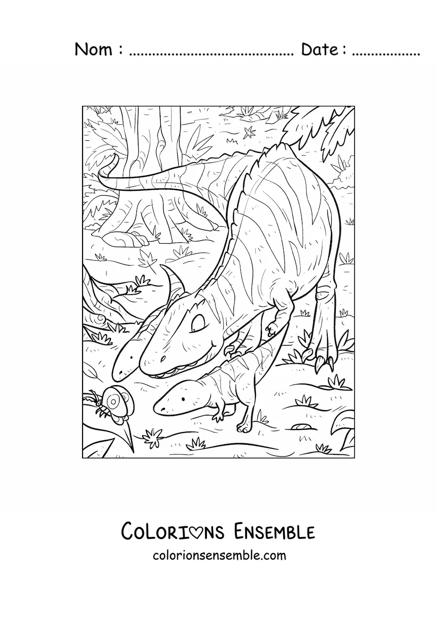 Image à colorier d’un dinosaure carnivore qui chasse avec ses petits