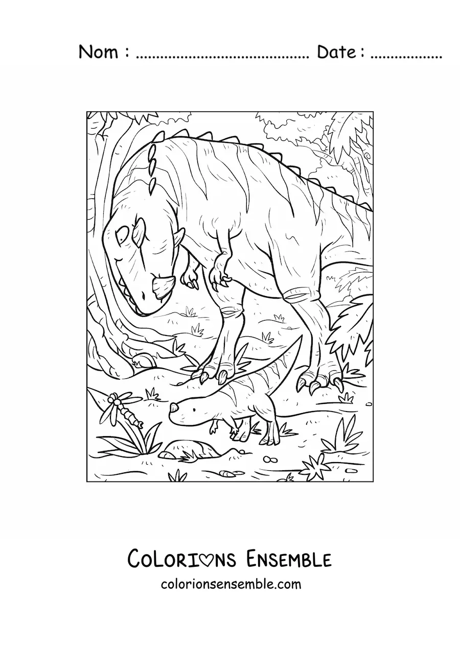 Image à colorier d’un dinosaure carnivore à corne qui chasse avec ses petits