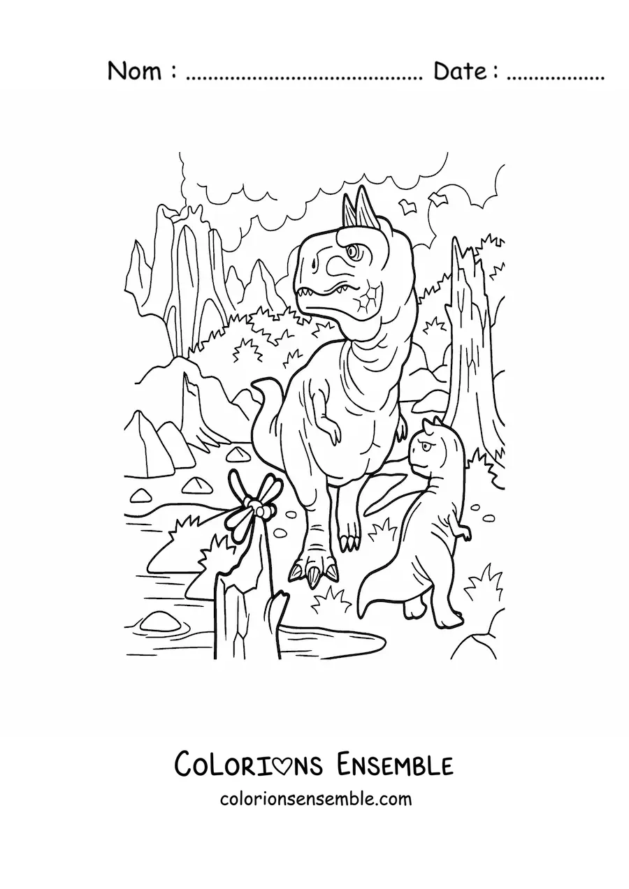 Image à colorier d’un grand dinosaure carnivore dangereux qui chasse avec son bébé
